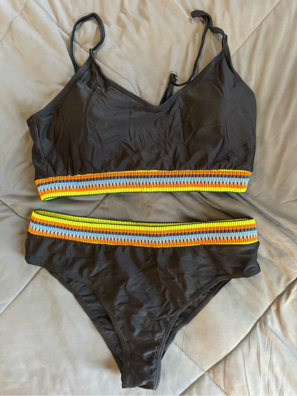 NWOT- Black Women’s Two-Piece Bikini Set with Multicolor Elastic Trim